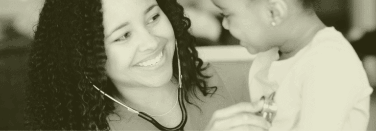 A smiling Practice Nurse using a stethoscope to listen to a young patient’s heartbeat, representing the caring and evolving role of nurses in modern primary care.